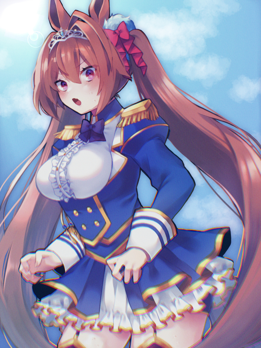 1girl, animal_ears, blue_jacket, blush, bow, bowtie, breasts, brown_hair