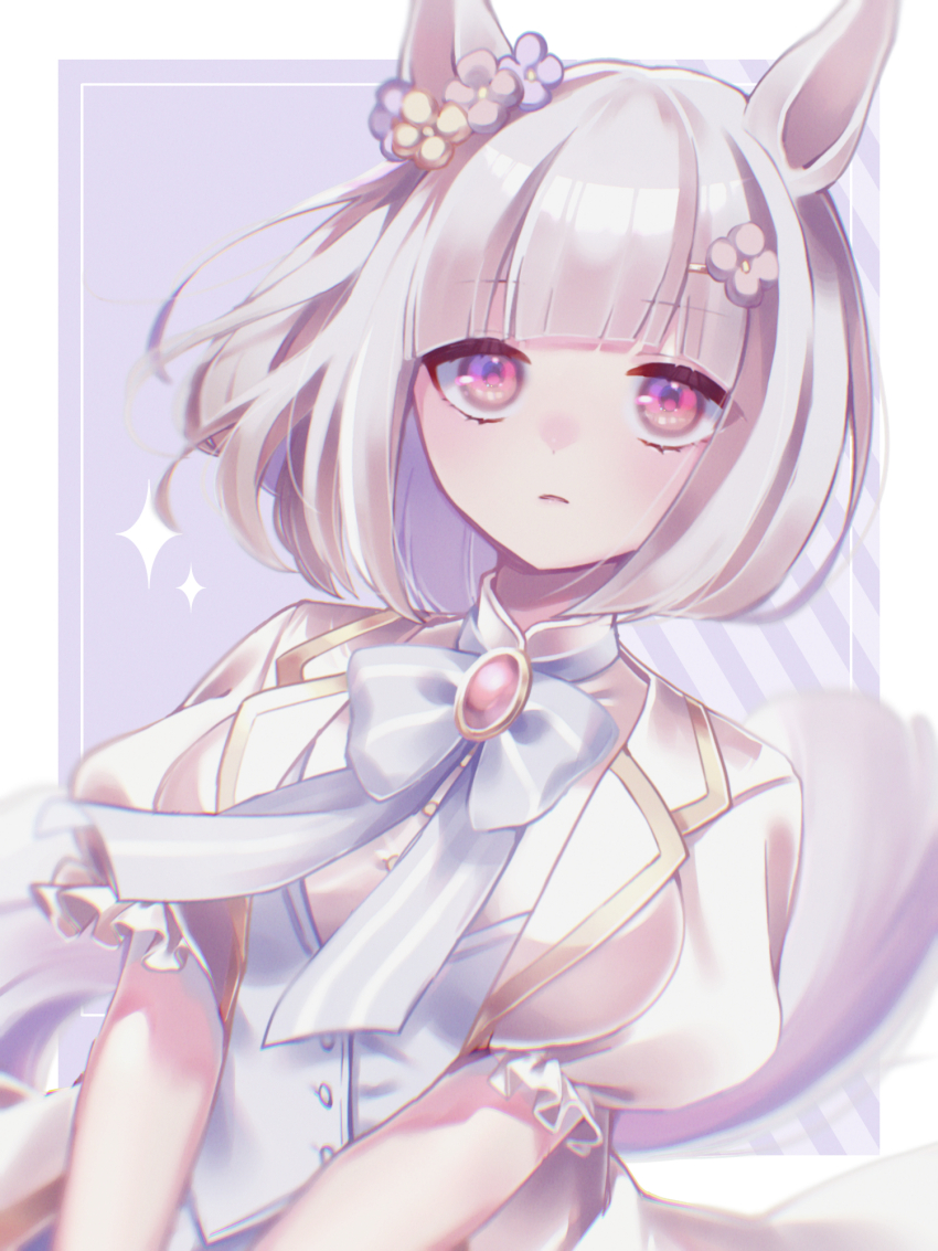 1girl, animal_ears, blurry, bow, bowtie, breasts, brooch, coat