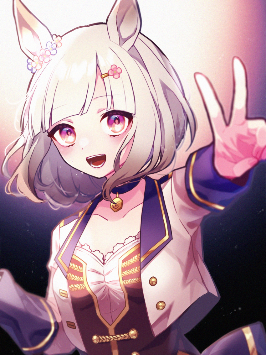 1girl, animal_ears, blurry, breasts, collarbone, cropped_jacket, depth_of_field, grey_hair