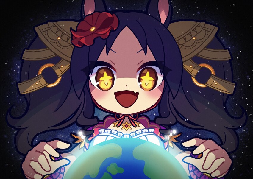 1girl, absurdres, animal_ears, black_hair, breasts, chibi, dot_nose, earth_(planet)