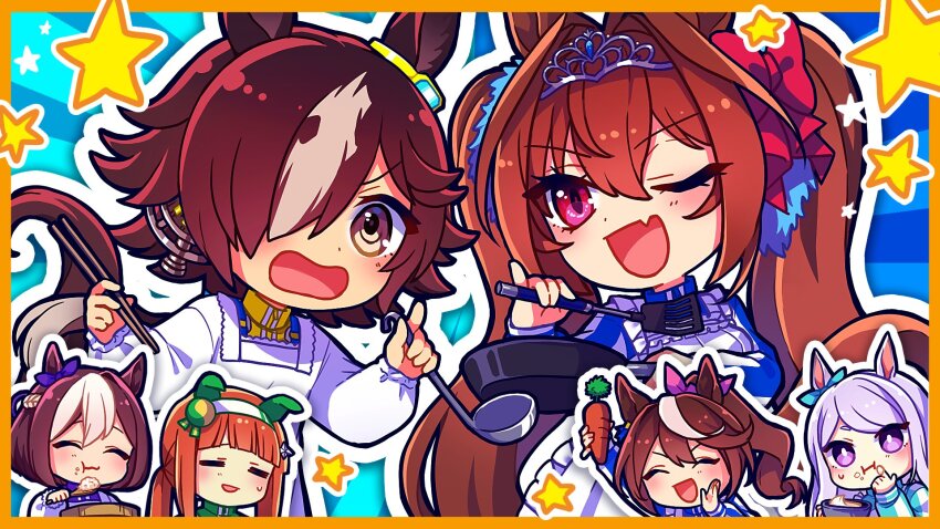 6+girls, :t, =_=, ^_^, animal_ears, apron, blue_shirt, blush