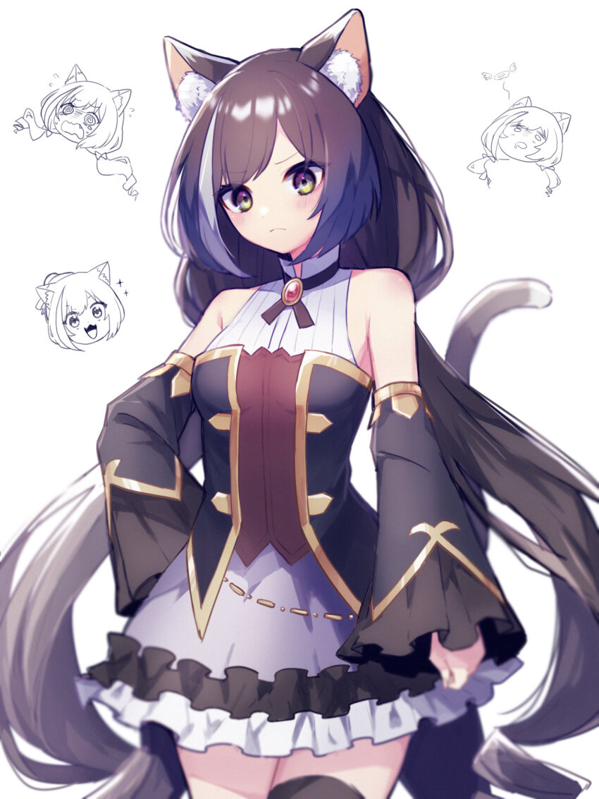 1girl, animal_ear_fluff, animal_ears, arm_at_side, armpit_crease, bare_shoulders, black_hair, blurry, blush, breasts, brooch, cat_ears, cat_girl, cat_tail, chibi, chibi_inset, closed_mouth, commentary, corset, cowboy_shot, cross_tie, depth_of_field, detached_sleeves, dress, frown, green_eyes, hand_on_own_hip, highres, jewelry, karyl_(princess_connect!), low_twintails, maigo_(user_xkwr8585), multicolored_hair, princess_connect!, purple_skirt, skirt, sleeveless, sleeveless_dress, small_breasts, solo, streaked_hair, tail, thighhighs, twintails, white_background