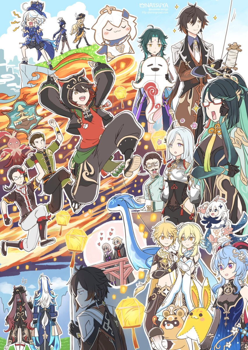 >_<, 6+boys, 6+girls, abyss_mage_(genshin_impact), adjusting_eyewear, aether_(genshin_impact), ahoge, artist_name