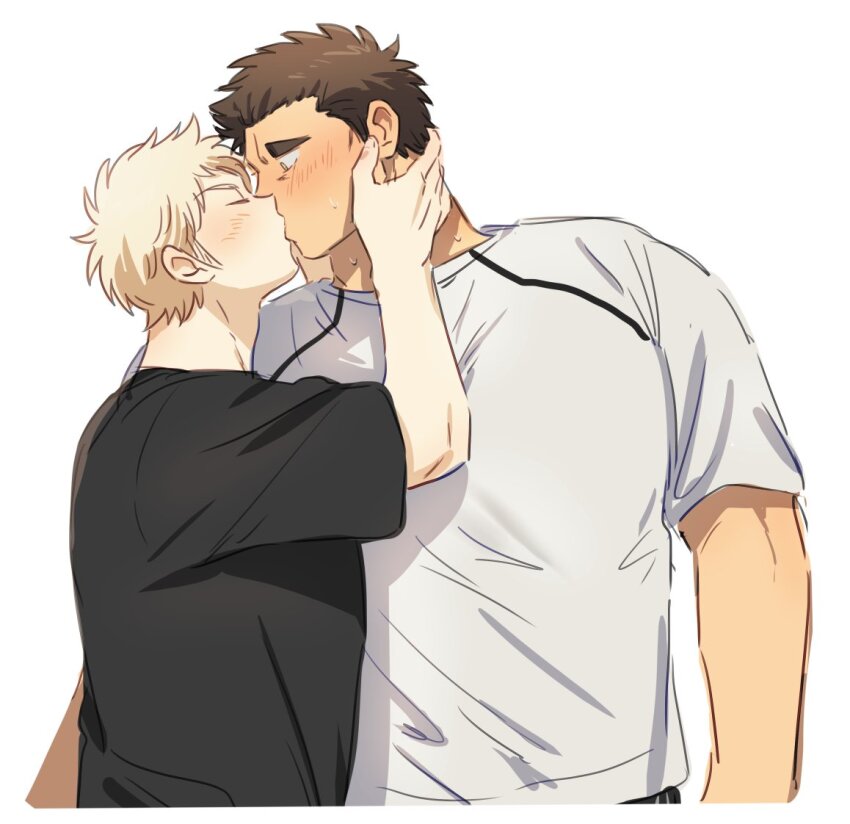 2boys, ace_of_diamond, bara, black_hair, blonde_hair, blush, closed_eyes, couple, hands_on_another's_head, harada_masatoshi_(ace_of_diamond), height_difference, kiss, looking_at_another, male_focus, multiple_boys, narumiya_mei, nikame, short_hair, simple_background, size_difference, sweatdrop, upper_body, white_background, yaoi