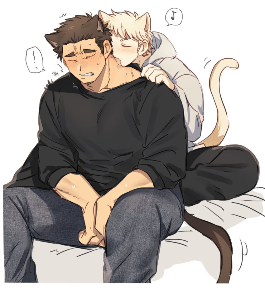 2boys, ace_of_diamond, animal_ears, bara, black_hair, blonde_hair, cat_boy, cat_ears, cat_tail, clothes_grab, couple, feet_out_of_frame, harada_masatoshi_(ace_of_diamond), highres, kemonomimi_mode, licking, licking_another's_neck, male_focus, multiple_boys, musical_note, narumiya_mei, nikame, saliva, short_hair, simple_background, sitting, size_difference, sleeves_rolled_up, speech_bubble, spoken_musical_note, sweatdrop, sweater, tail, white_background, yaoi
