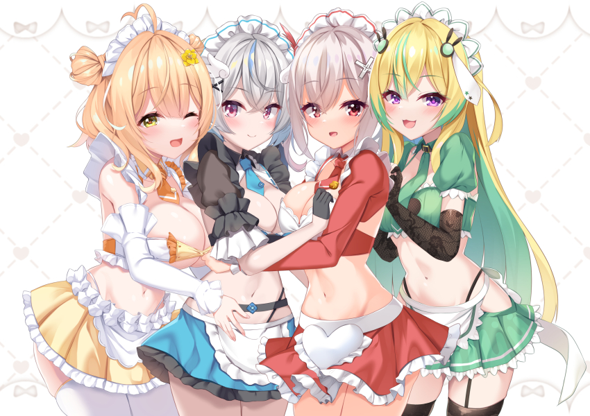 4girls, :d, ;d, anto_mel, apron, aria_(koiiroharemoyou), black_gloves, black_thighhighs