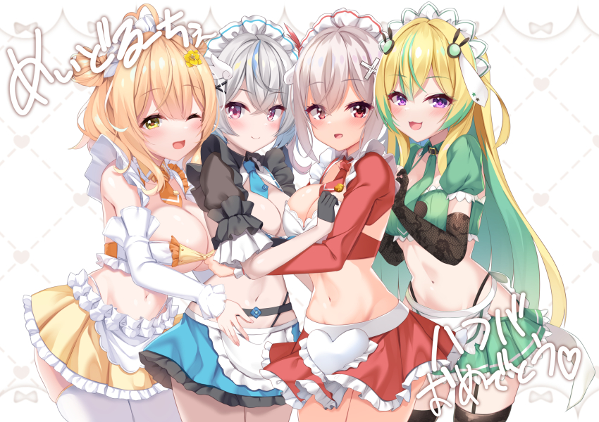 4girls, :d, ;d, anto_mel, apron, aria_(koiiroharemoyou), black_gloves, black_thighhighs
