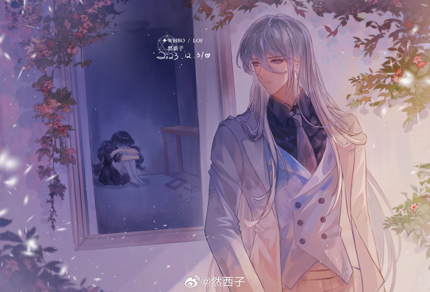 1boy, 1girl, black_dress, black_hair, black_shirt, blue_vest, buttons, cael_anselm