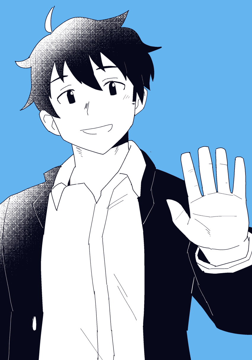 1boy, absurdres, facial_hair, greyscale_with_colored_background, halftone, highres, light_blush, looking_at_viewer
