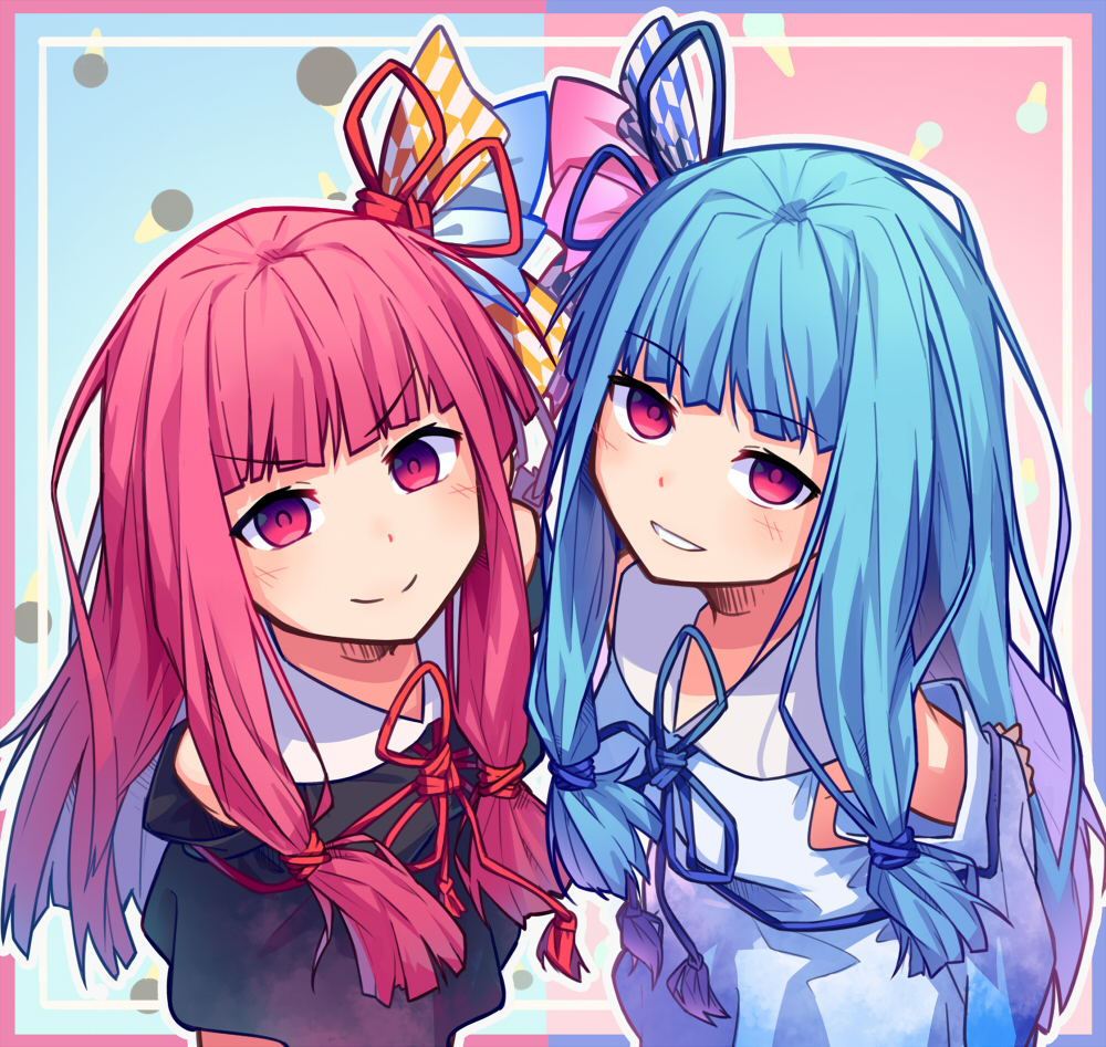 2girls, arms_behind_back, black_dress, black_sleeves, blue_background, blue_border, blue_bow, blue_dress