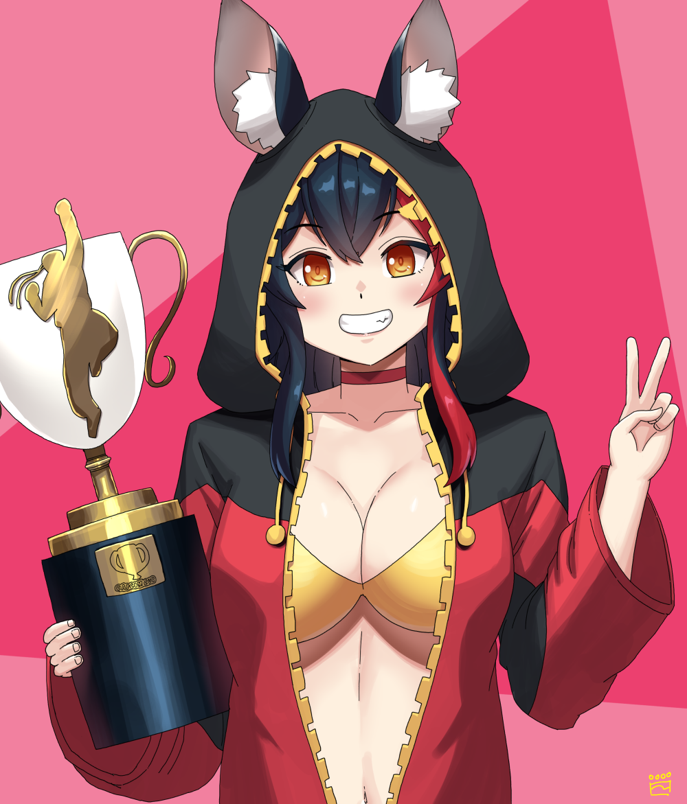 1girl, alternate_color, animal_ears, black_hair, blush, breasts, capcom_cup, cleavage