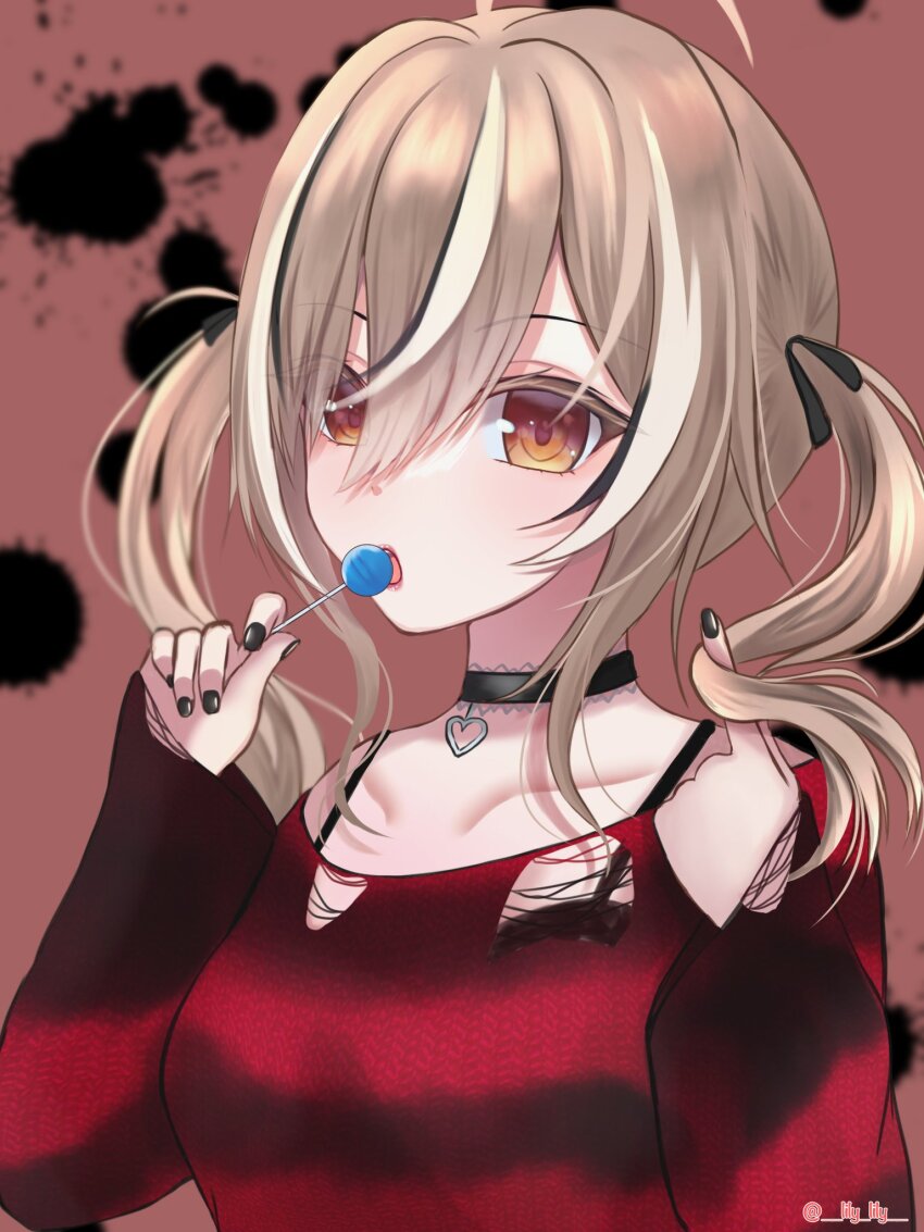 1girl, ahoge, black_hair, black_nails, black_sweater, brown_eyes, brown_hair, candy