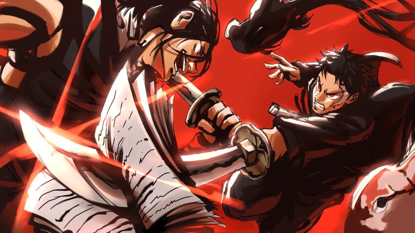 2boys, angry, battle, black_hair, black_jacket, crazy_smile, duel, fighting