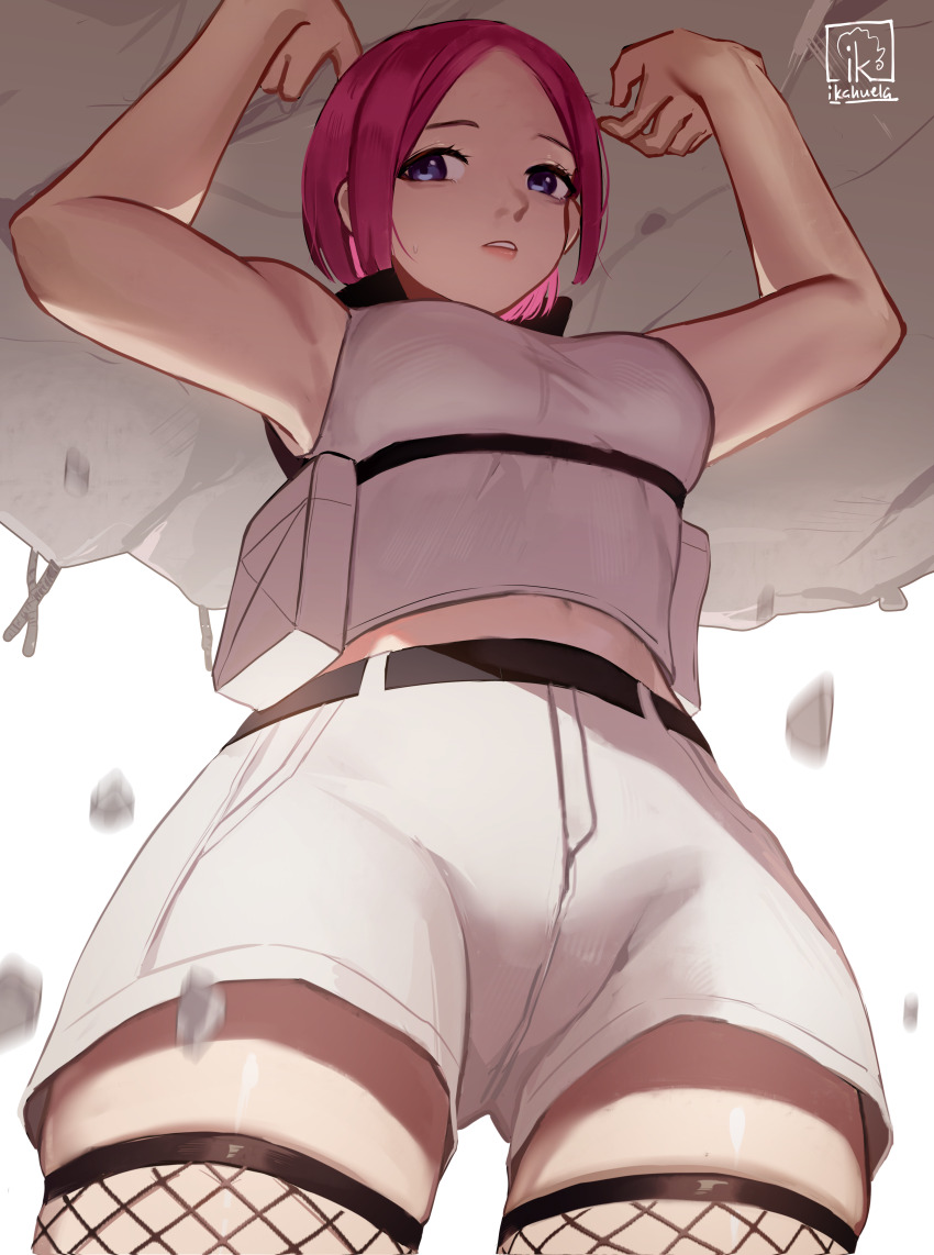 1girl, absurdres, choujin_x, fishnet_pantyhose, fishnets, highres, ikahueki, looking_to_the_side, midriff, midriff_peek, military_uniform, momoma_maiko_(choujin_x), pantyhose, pink_hair, rubble, shirt, short_hair, short_shorts, shorts, signature, sleeveless, sleeveless_shirt, thighs