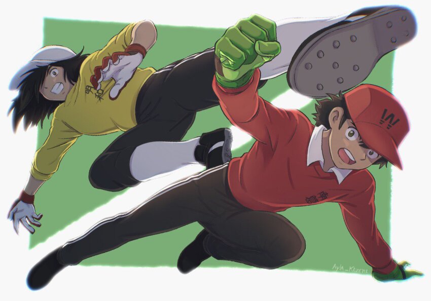 2boys, artist_name, ayla_kazemi, black_footwear, black_hair, black_pants, brown_eyes, brown_hair