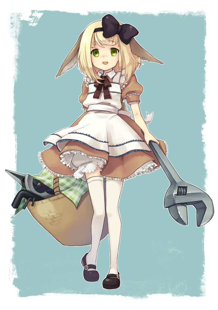 1girl, animal_ears, bad_id, bad_pixiv_id, basket, blonde_hair, bow, crowbar