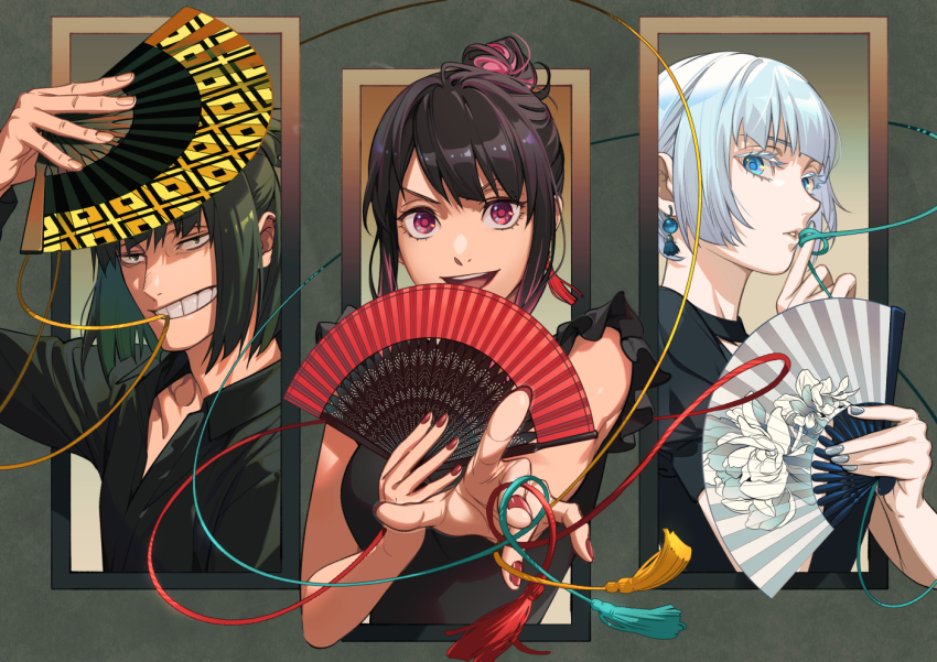 1boy, 2girls, akakokko_(niro_azarashi), akane-banashi, black_shirt, blue_eyes, blue_hair, colored_eyelashes, earrings, folding_fan, hair_bun, hand_fan, holding, holding_fan, jewelry, koragi_hikaru, multiple_girls, nerimaya_karashi, open_mouth, osaki_akane_(akane-banashi), paper_fan, pink_eyes, reaching, reaching_towards_viewer, red_nails, shirt, short_hair, tassel, teeth