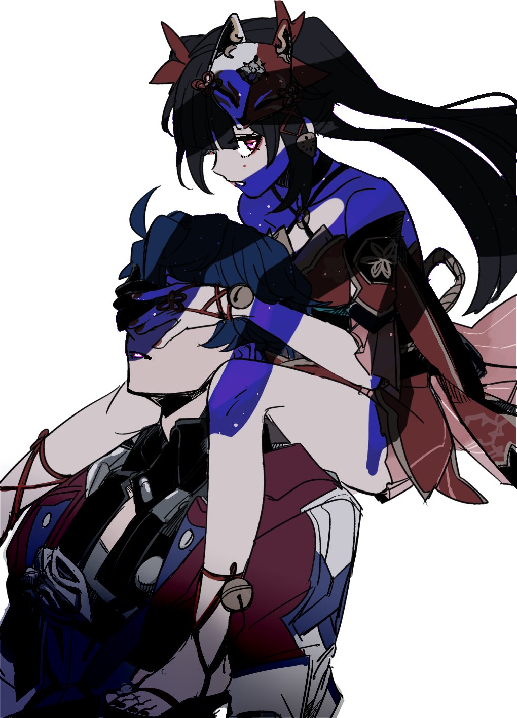 1boy, 1girl, ahoge, bare_legs, bare_shoulders, between_legs, blue_hair, bow