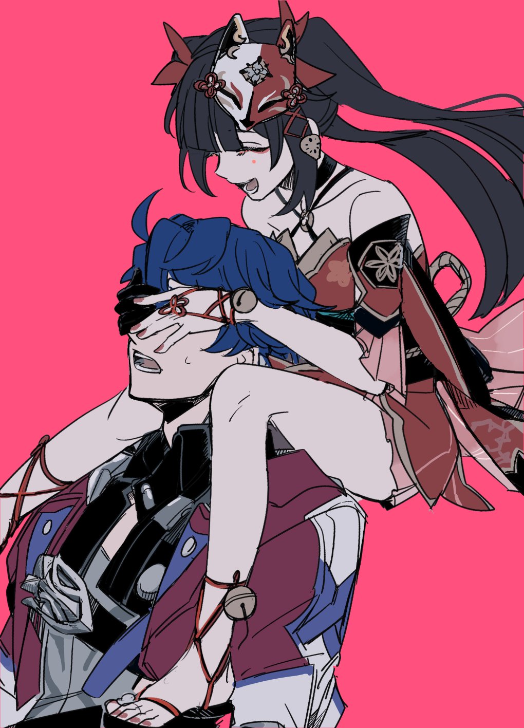 1boy, 1girl, :d, ahoge, bare_legs, bare_shoulders, between_legs, blue_hair