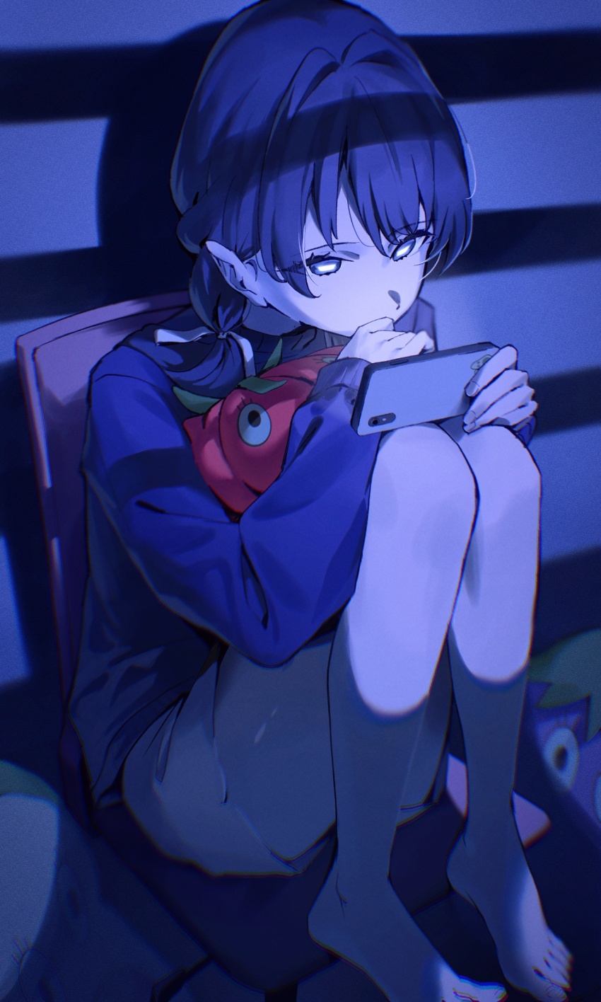 1girl, barefoot, blue_eyes, blue_sweater, cellphone, commentary_request, highres, holding