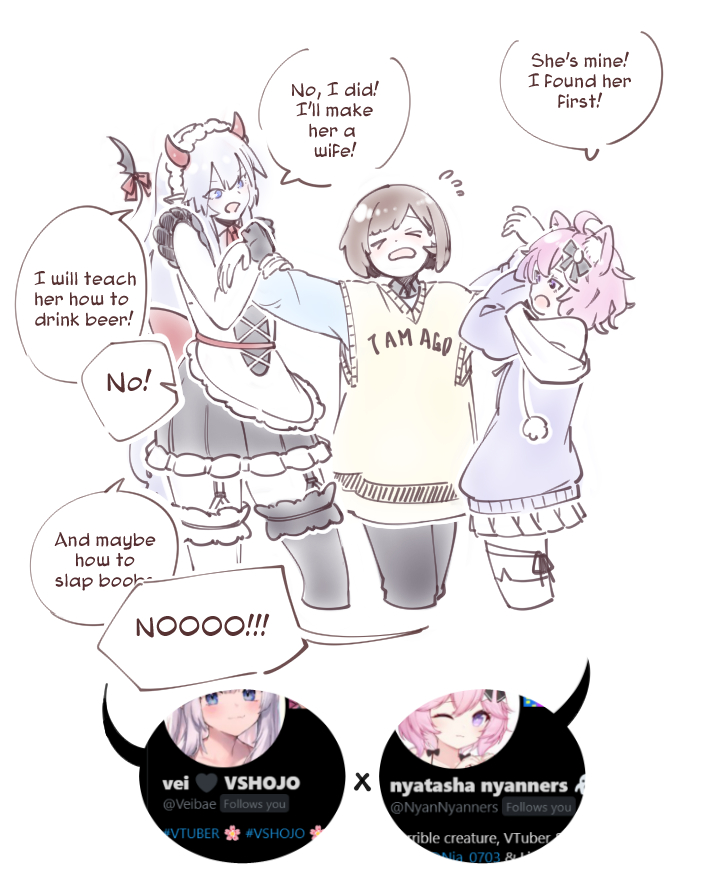 >_<, 3girls, ahoge, animal_ears, blue_eyes, brown_hair, cat_ears, cat_girl