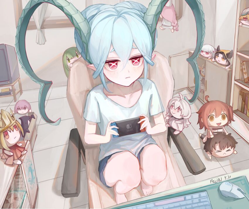 1girl, absurdres, aqua_hair, braid, braided_bun, breasts, curled_horns, double_bun