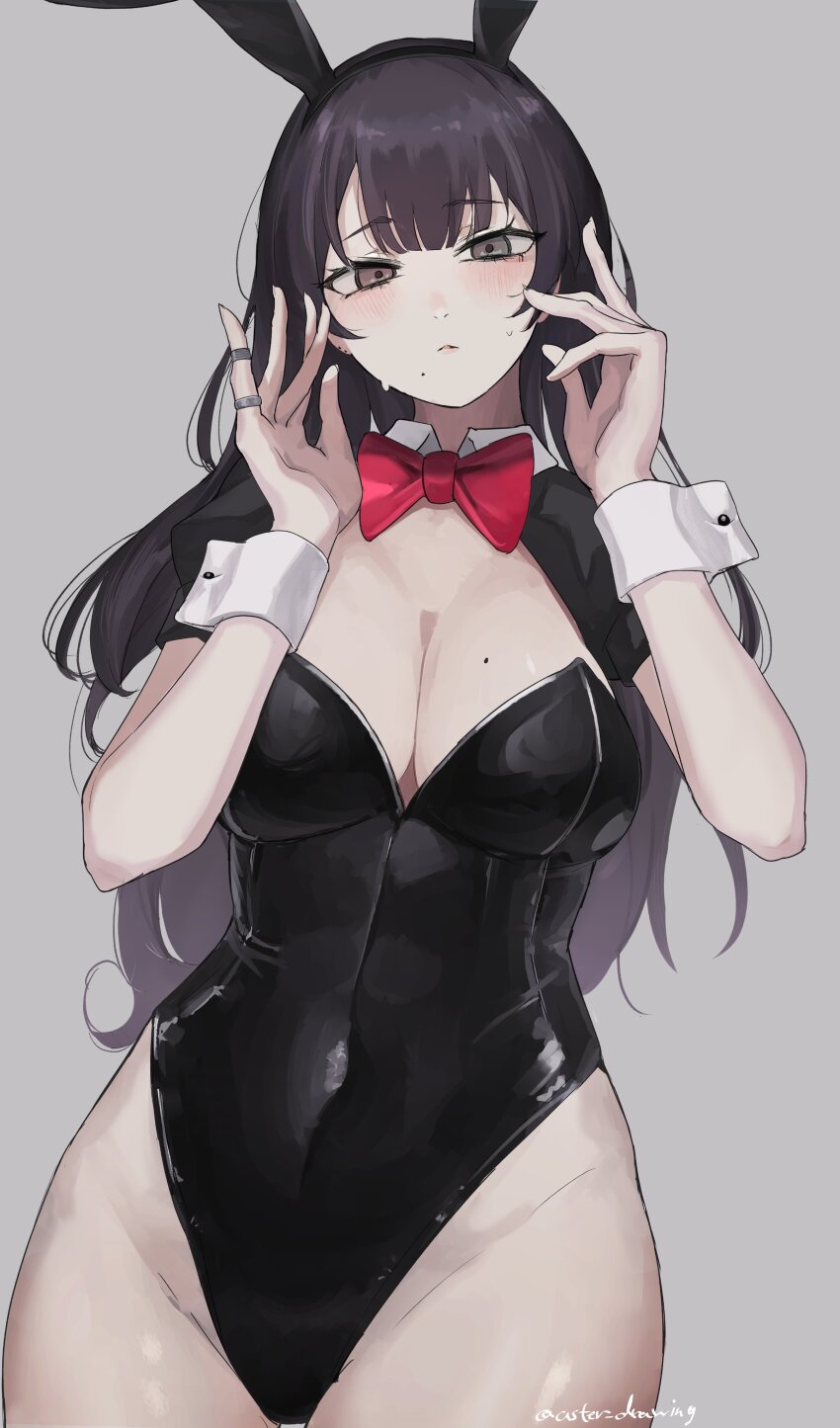 1girl, :<, absurdres, animal_ears, aster_drawing, black_leotard, black_shrug, blush