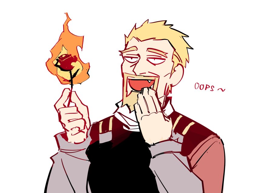 1boy, absurdres, askeladd, blonde_hair, burning, covering_own_mouth, facial_hair, fang, fang_out, flower, furrowed_brow, goatee, hand_over_own_mouth, highres, holding, holding_flower, implied_yaoi, male_focus, mature_male, nagudnuff, red_flower, red_rose, rose, smug, solo, thick_eyebrows, upper_body, valentine, vinland_saga
