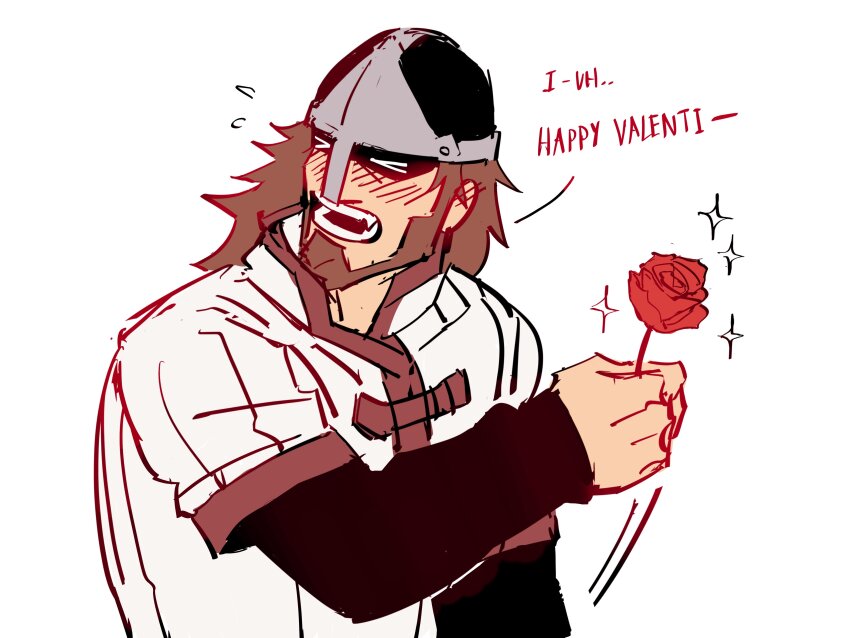 >_<, 1boy, absurdres, averting_eyes, beard, bjorn_(vinland_saga), english_text, facial_hair