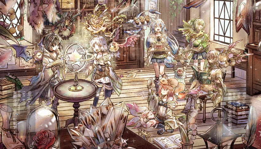 1boy, 5girls, aqua_hair, archfiend_marmot_of_nefariousness, aussa_(yu-gi-oh!), aussa_the_earth_charmer, black_hair, blue_hair