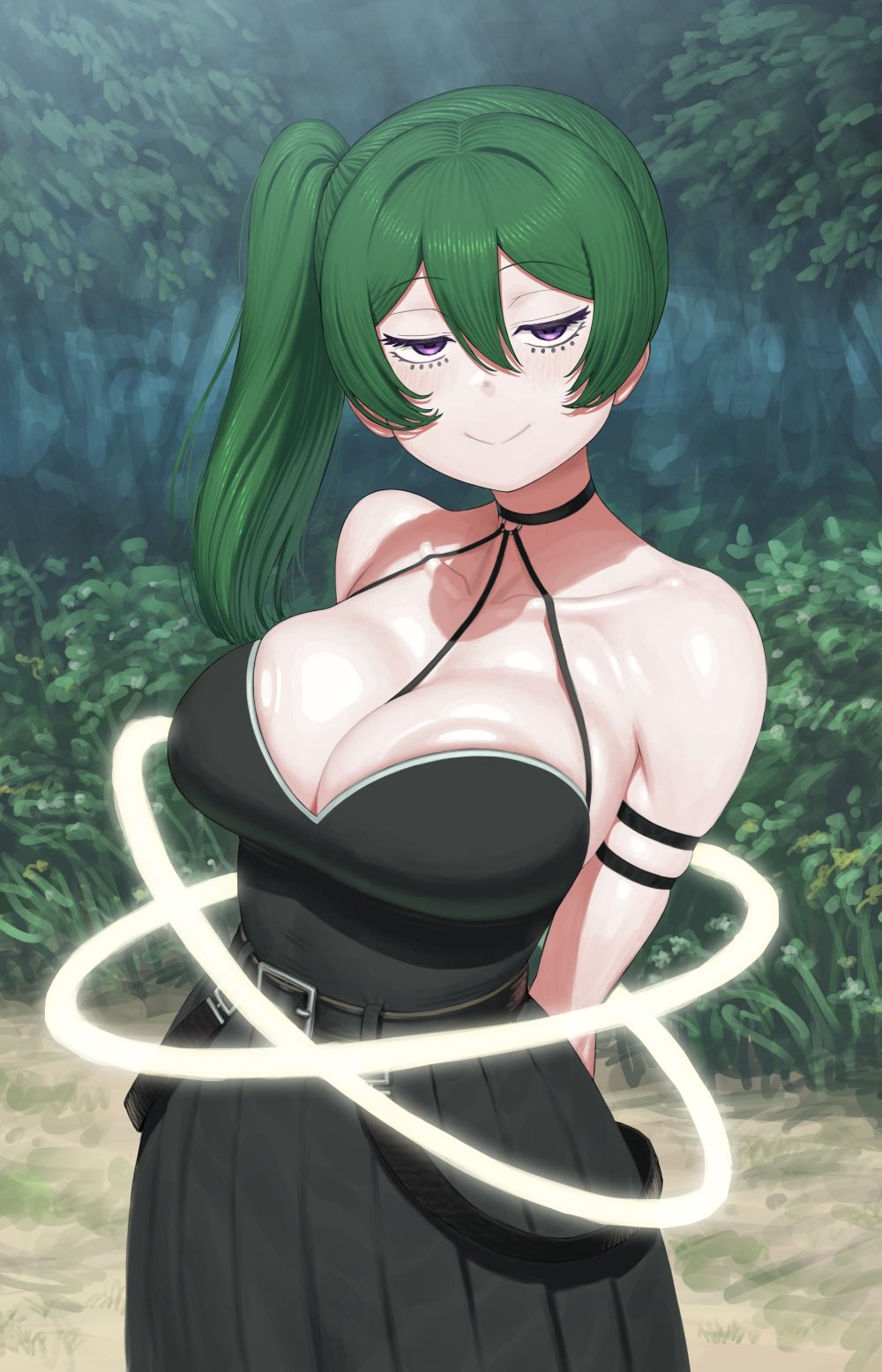 1girl, areola_slip, armlet, belt, black_belt, black_dress, black_skirt, breasts