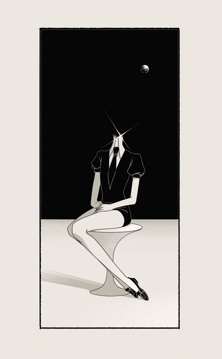 1other, absurdres, border, character_request, check_character, collared_shirt, commentary_request, facing_viewer, full_body, garan_(_rnono), gem_uniform_(houseki_no_kuni), glint, greyscale, hands_on_lap, headless, highres, houseki_no_kuni, loafers, monochrome, necktie, on_stool, phosphophyllite, planet, puffy_short_sleeves, puffy_sleeves, romper, shadow, shirt, shoes, short_shorts, short_sleeves, shorts, sitting, solo, stool, surreal, torn_clothes, torn_shirt