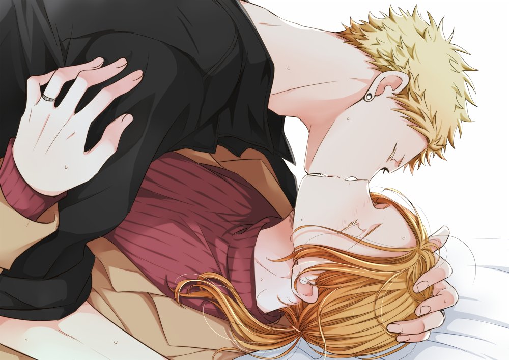 2boys, 961_masashi, black_shirt, blonde_hair, brown_coat, closed_eyes, coat, ear_piercing