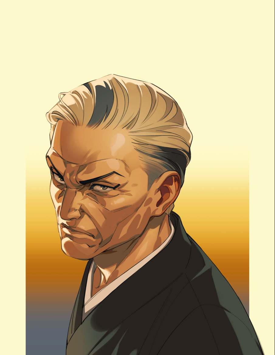 1boy, akakokko_(niro_azarashi), akane-banashi, arakawa_shiguma, black_kimono, closed_mouth, from_side, furrowed_brow, gradient_background, grey_eyes, japanese_clothes, kimono, looking_at_viewer, male_focus, old, old_man, short_hair, sideburns, solo, upper_body, wrinkled_skin