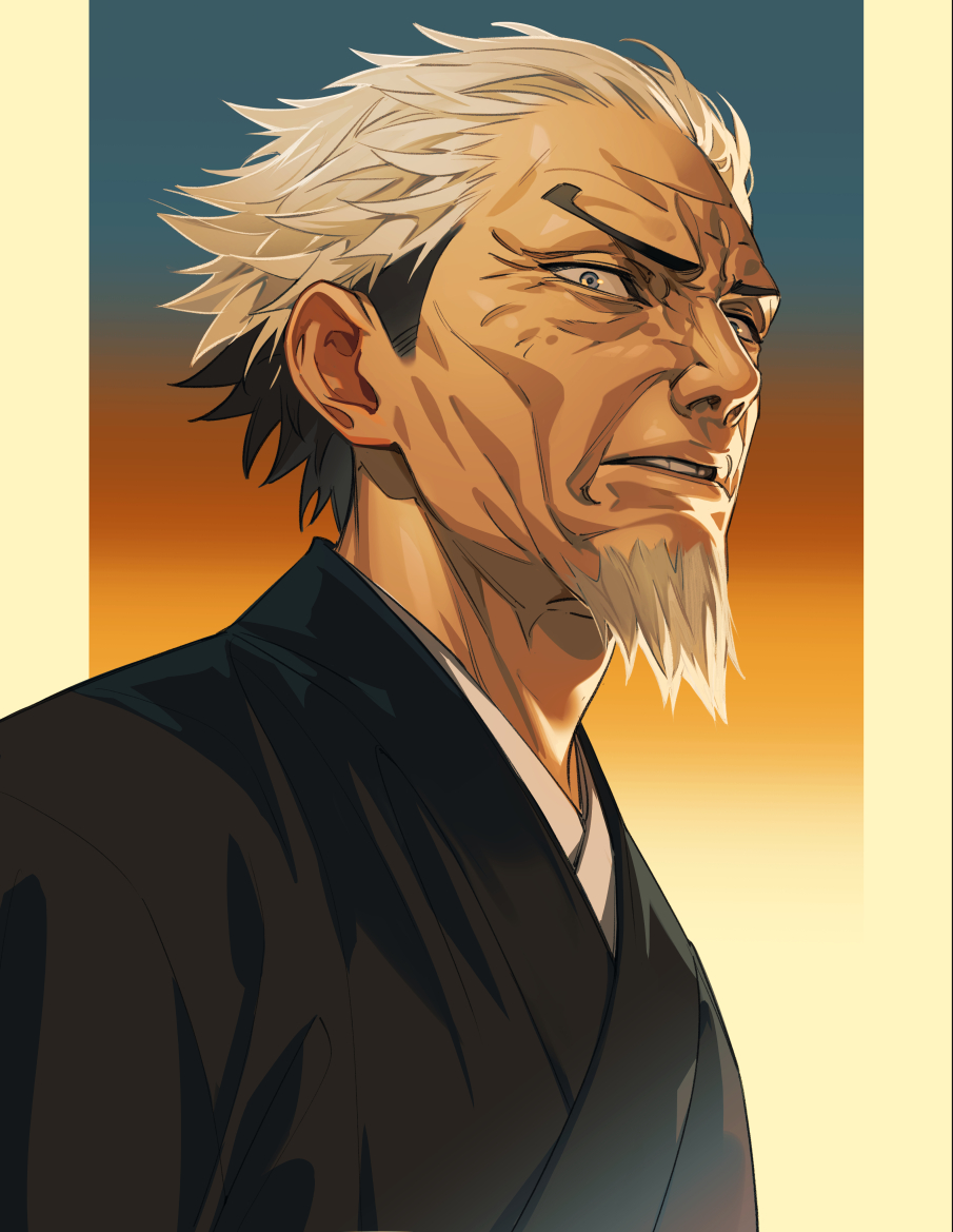 1boy, akakokko_(niro_azarashi), akane-banashi, arakawa_isshou, black_kimono, facial_hair, full_body, furrowed_brow, goatee, gradient_background, grey_eyes, japanese_clothes, kimono, looking_at_viewer, male_focus, old, old_man, outside_border, parted_lips, short_hair, solo, upper_body, wrinkled_skin