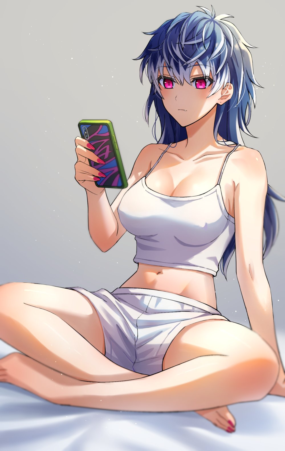 1girl, blue_hair, breasts, cellphone, closed_mouth, genderswap, genderswap_(mtf), highres