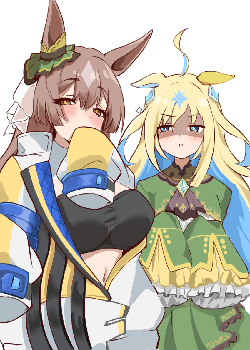 2girls, :i, ahoge, animal_ears, ascot, asymmetrical_sidelocks, bandeau, black_ascot