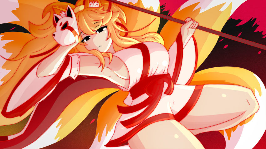 1girl, animal_ears, black_eyes, blonde_hair, ceroba, cherry_blossoms, cropped_legs, detached_sleeves, dress, fox, fox_ears, fox_girl, fox_mask, fox_tail, highres, holding, holding_mask, holding_polearm, holding_weapon, japanese_clothes, looking_at_viewer, mask, nick_nitro, personification, polearm, sleeveless, sleeveless_dress, spear, tail, thighs, undertale, undertale_yellow, utdr_(toby_fox), weapon, wide_sleeves