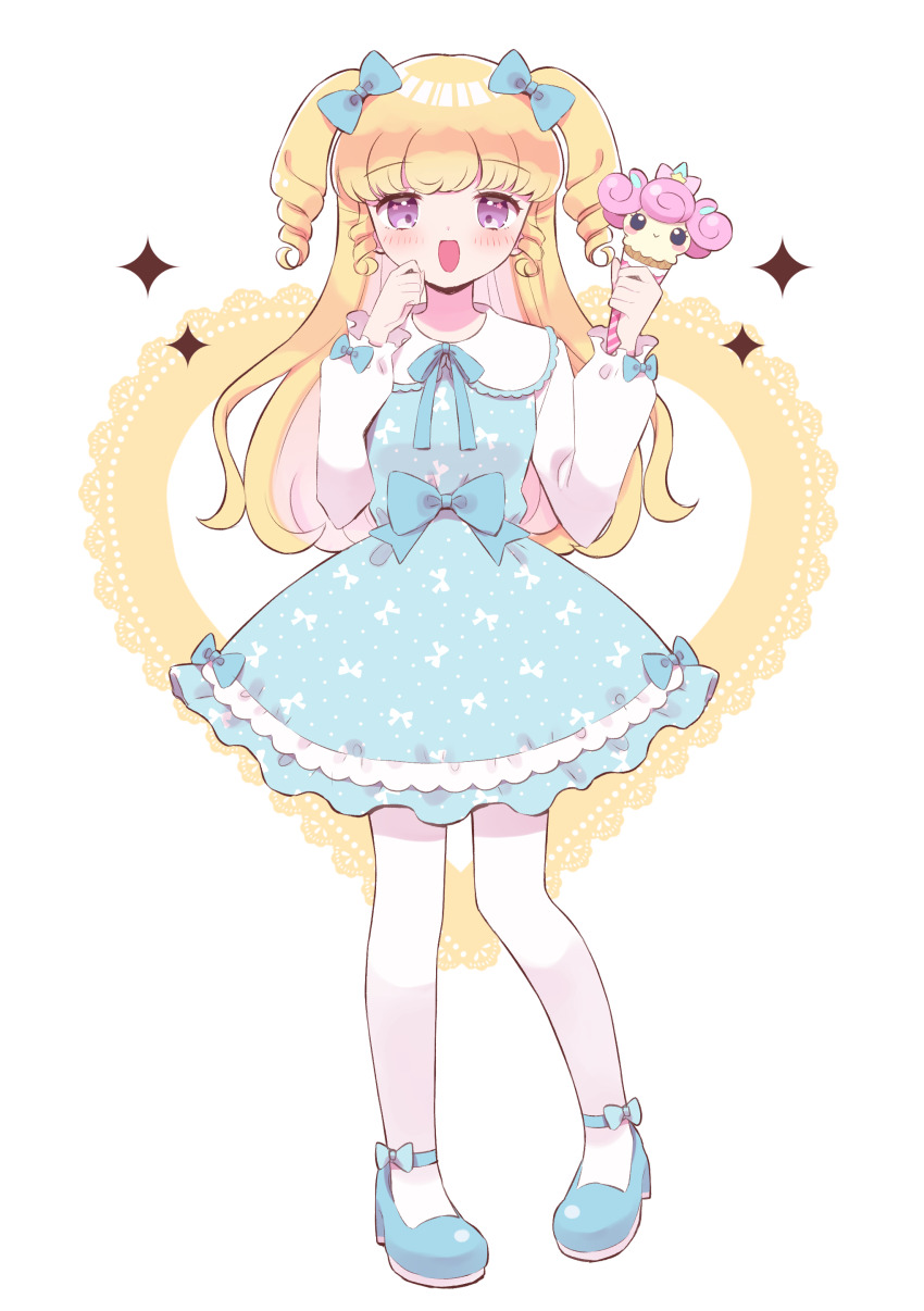 1girl, :d, absurdres, blonde_hair, blue_bow, blue_dress, blue_shoes, blush