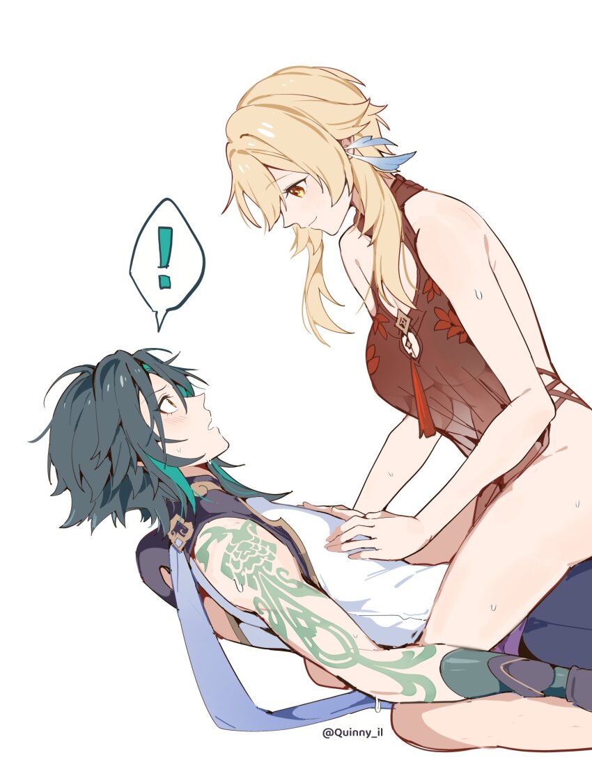 !, 1boy, 1girl, arm_tattoo, blonde_hair, couple, genshin_impact, girl_on_top