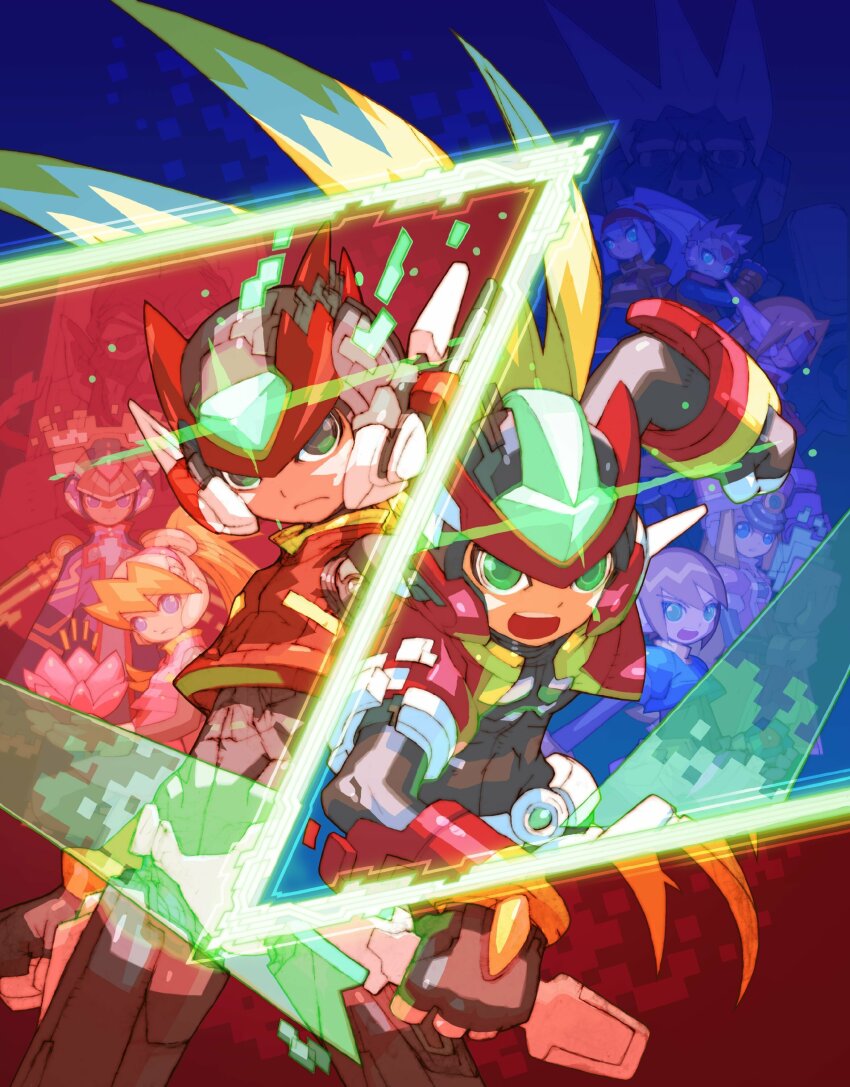 4girls, 5boys, absurdres, aile_(mega_man_zx), android, armor, ashe_(mega_man), biometal