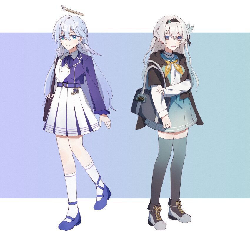 2girls, :d, absurdres, bag, black_hairband, black_jacket, black_thighhighs, blue_background