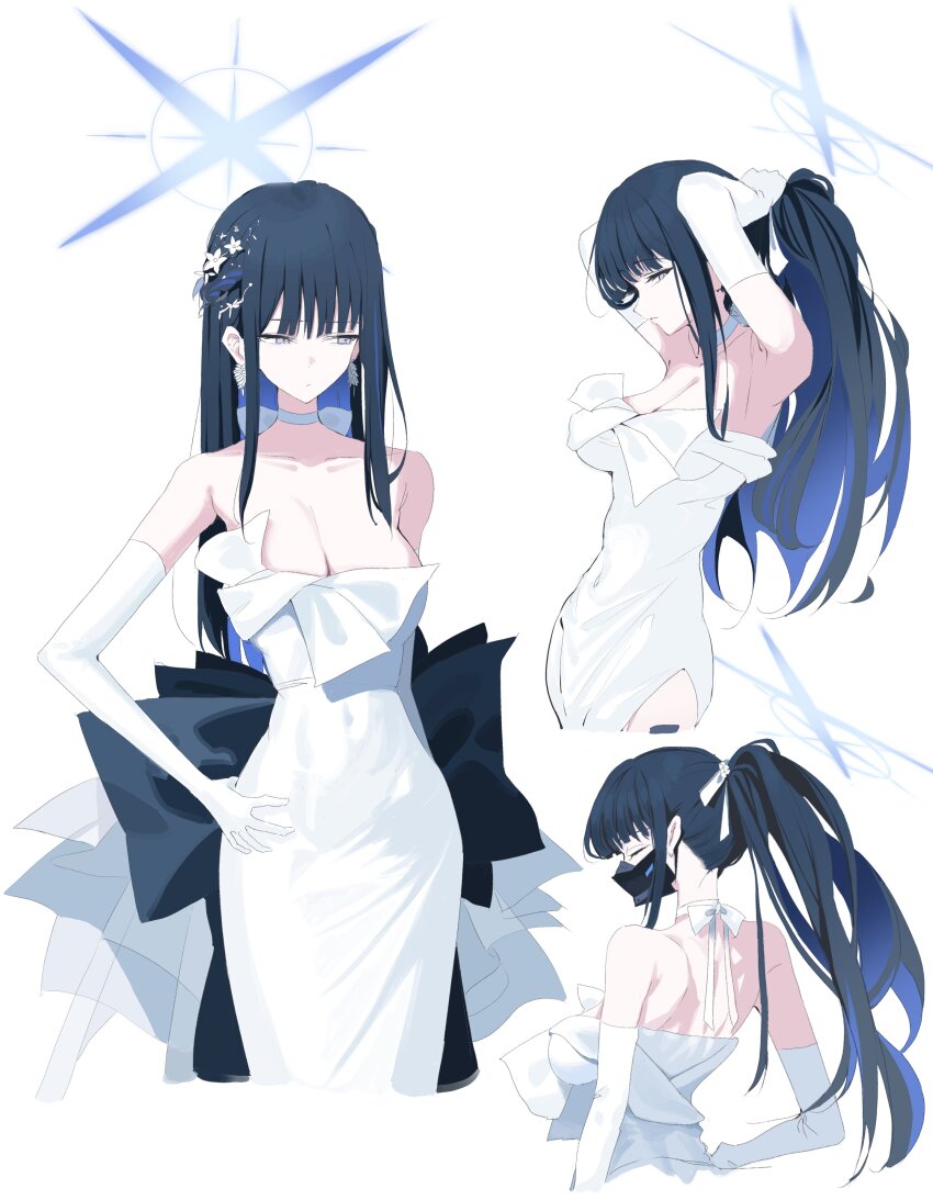 1girl, absurdres, arimas_ar1, blue_archive, blue_halo, breasts, choker, cleavage, colored_inner_hair, dress, elbow_gloves, gloves, halo, highres, mask, mouth_mask, multicolored_hair, official_alternate_costume, saori_(blue_archive), saori_(dress)_(blue_archive), simple_background, solo, strapless, strapless_dress, white_background, white_choker, white_dress, white_gloves
