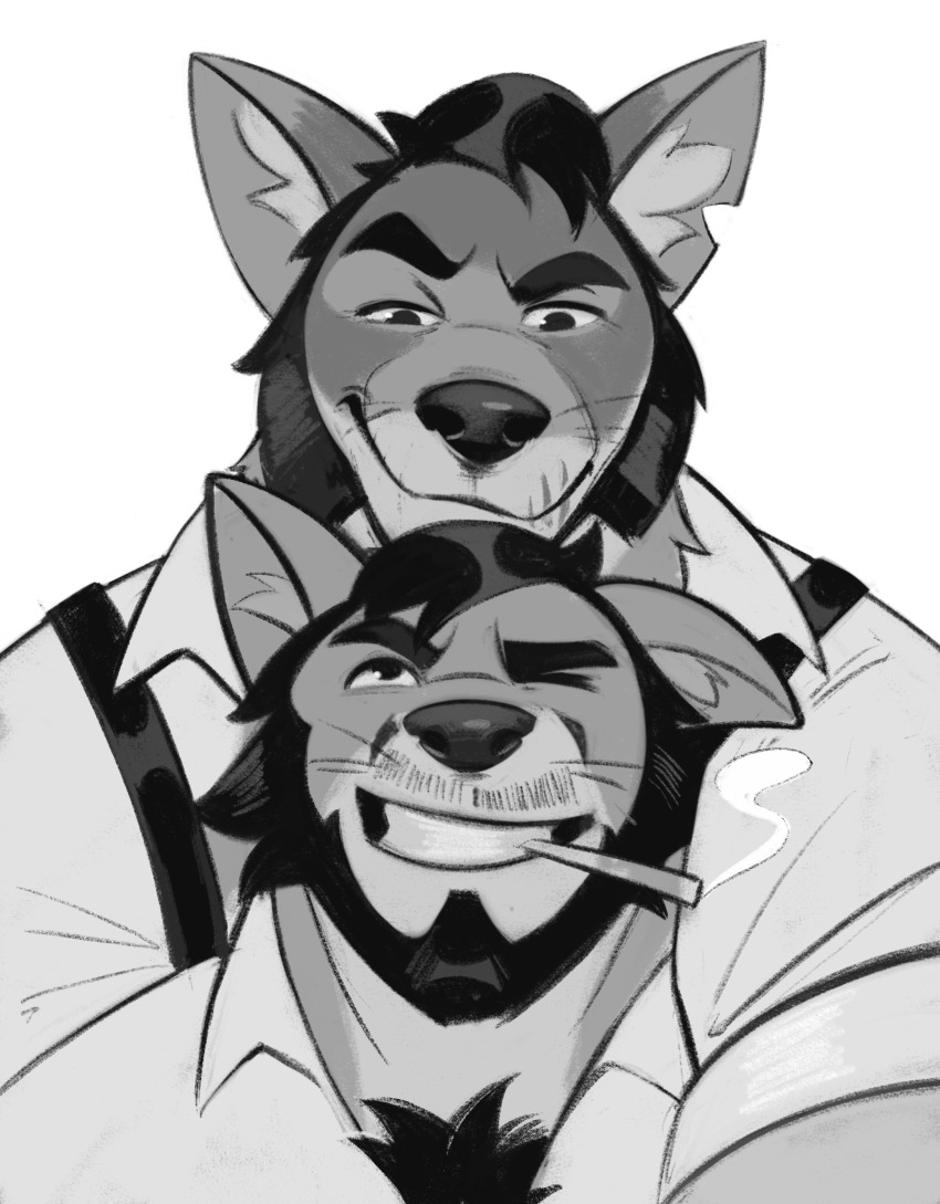 2boys, absurdres, animal_ears, bara, beard, chest_hair_peek, chest_tuft, chin_rest