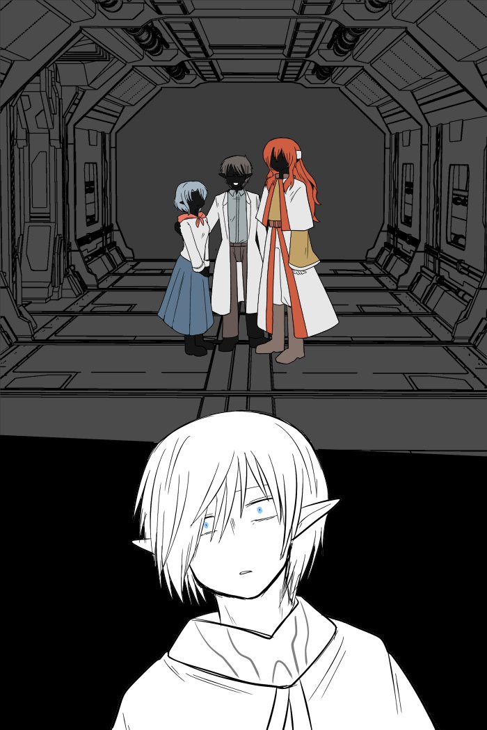 1girl, 3boys, belt, blue_hair, breasts, closed_mouth, dress, filia_(star_ocean), gabriel_(star_ocean), hair_ornament, kakei_loo, long_skirt, lucifer_(star_ocean), monochrome, multiple_boys, pointy_ears, red_hair, shaded_face, short_hair, skirt, smile, star_ocean, star_ocean:_the_second_story, wide_sleeves