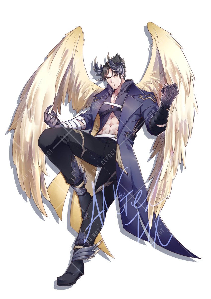 1boy, absurdres, angel_jin, angel_wing, black_hair, highres, kazama_jin, namco, pants, shoes, sin.(artist), tekken, tekken_3, tekken_4, tekken_5_(dark_resurrection), tekken_7, tekken_8, tekken_blood_vengeance, tekken_tag_tournament, tekken_tag_tournament_2, trenchcoat, yellow_eyes