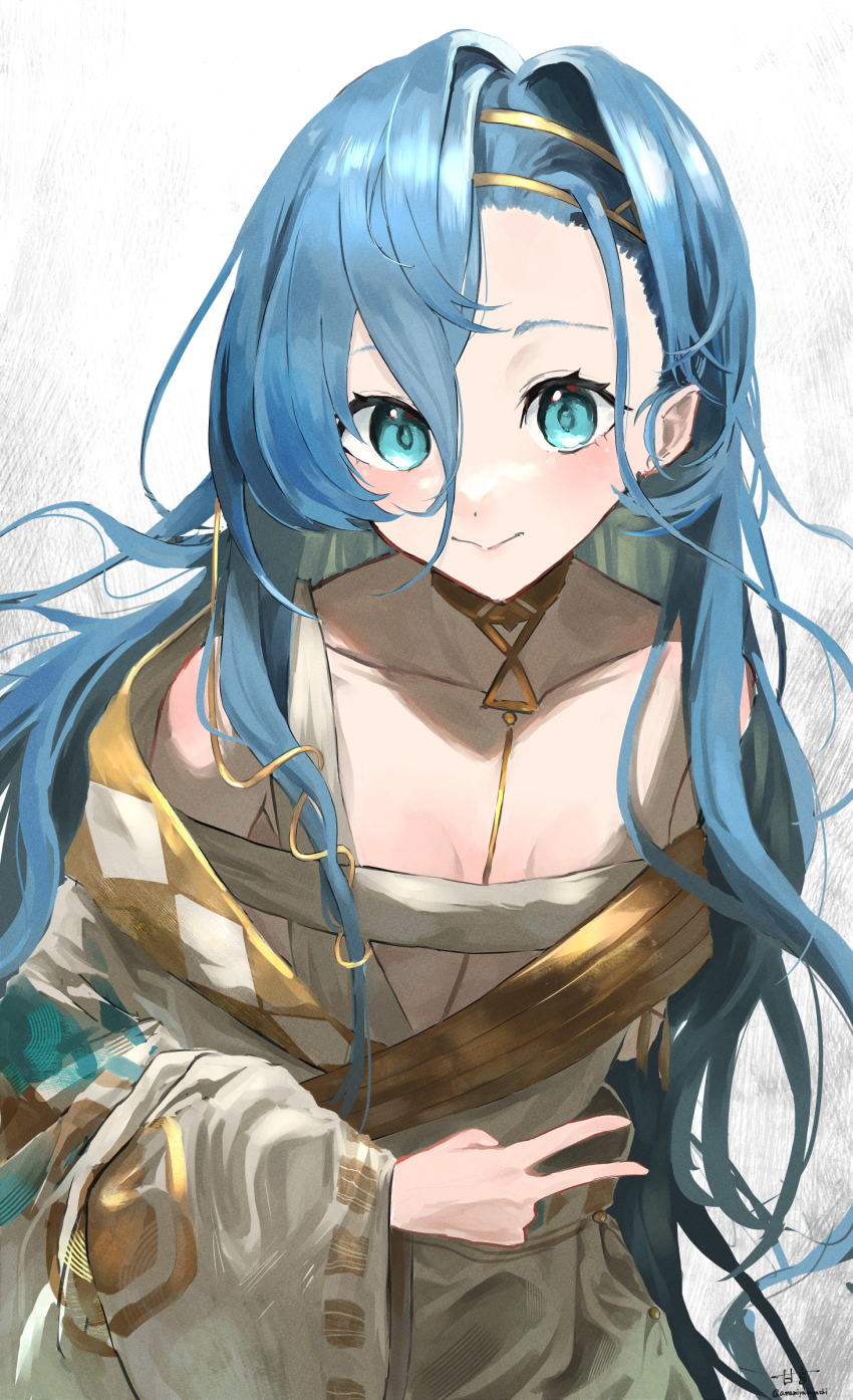 1girl, 37_(reverse:1999), :>, amamiyadagashi, ancient_greek_clothes, artist_name, bare_shoulders, blue_eyes, blue_hair, breasts, cleavage, commentary_request, gold_choker, greco-roman_clothes, hand_up, highres, long_hair, looking_at_viewer, reverse:1999, sign, solo, toga, twitter_username, upper_body, v, very_long_hair, white_background, wide_sleeves