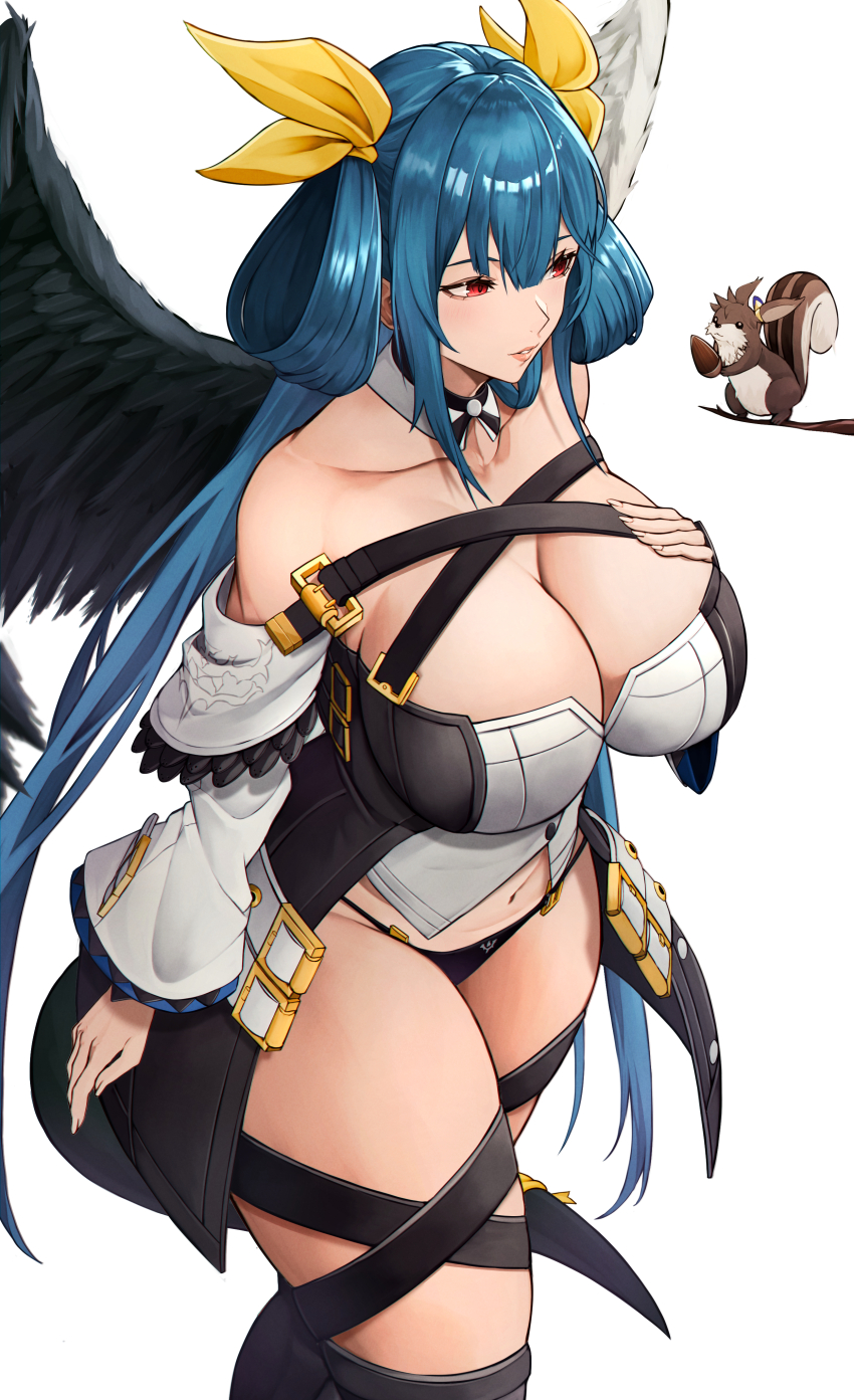 1girl, absurdres, angel_wings, asymmetrical_wings, bare_shoulders, belt, black_panties, black_thighhighs