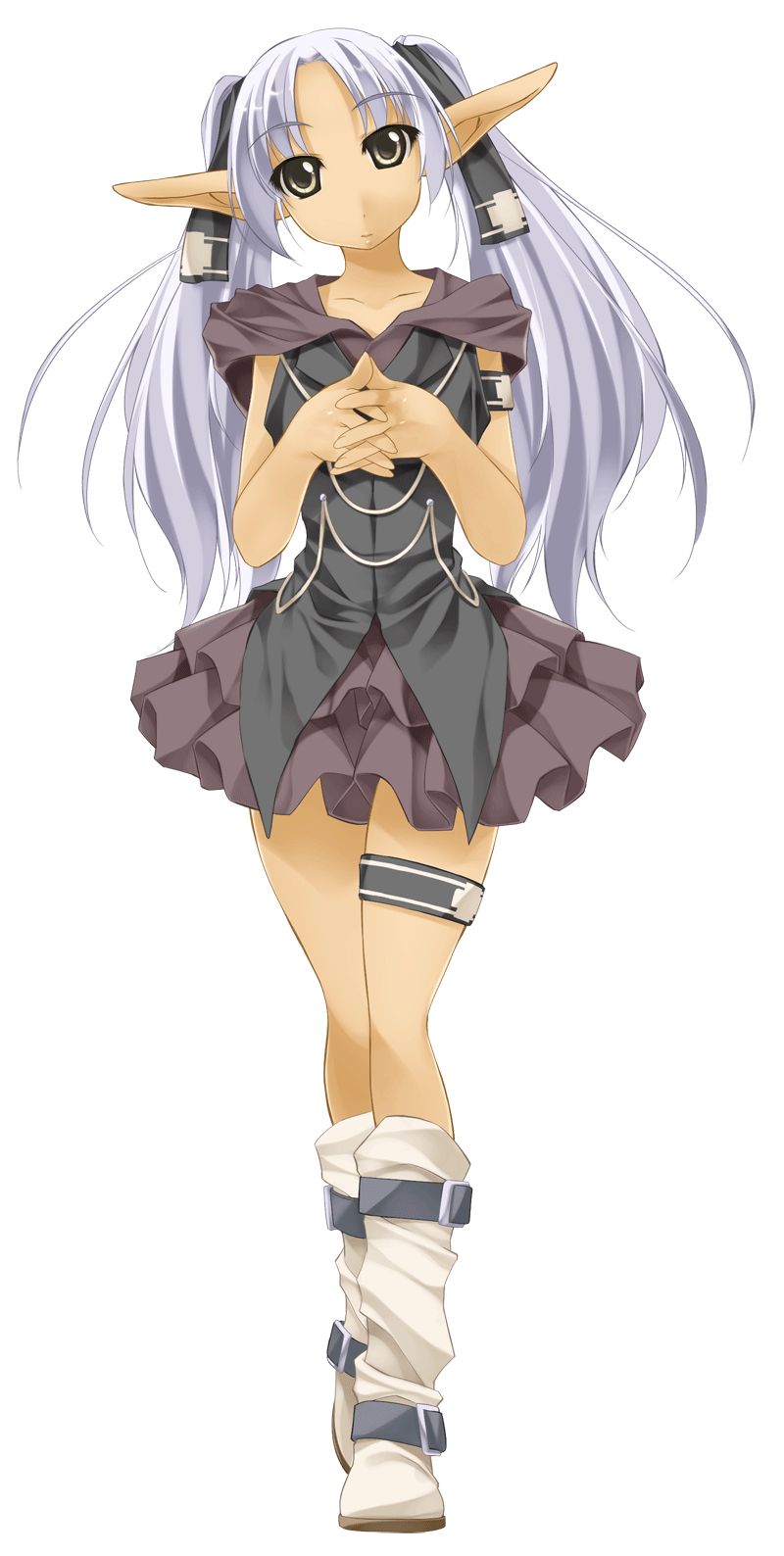 1girl, atelier-moo, boots, breasts, closed_mouth, collarbone, dark_elf, elf