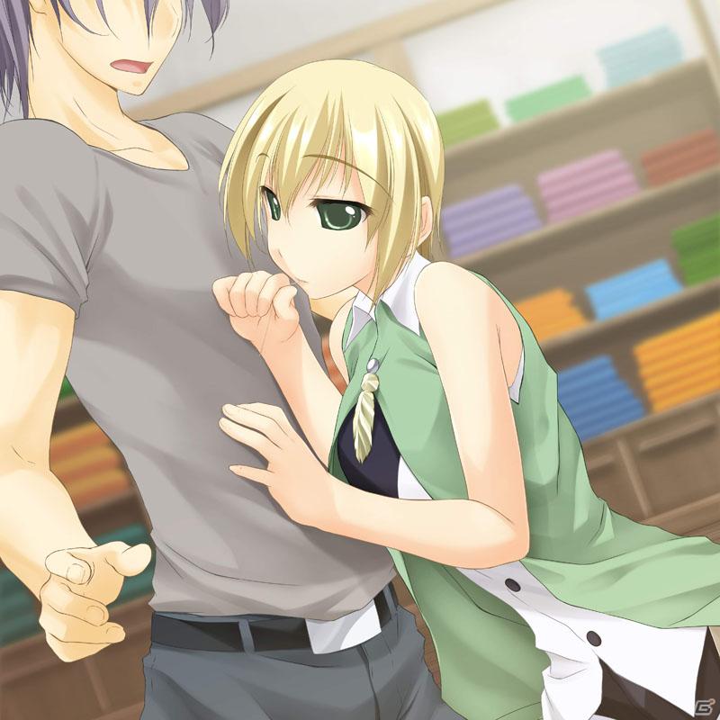 1boy, 1girl, atelier-moo, bare_shoulders, belt, blonde_hair, breasts, closed_mouth, collarbone, expressionless, giselle_theresia, green_eyes, hair_between_eyes, lasting_anthem, open_mouth, purple_hair, shop, short_hair, short_shorts, short_sleeves, shorts, standing, surprised